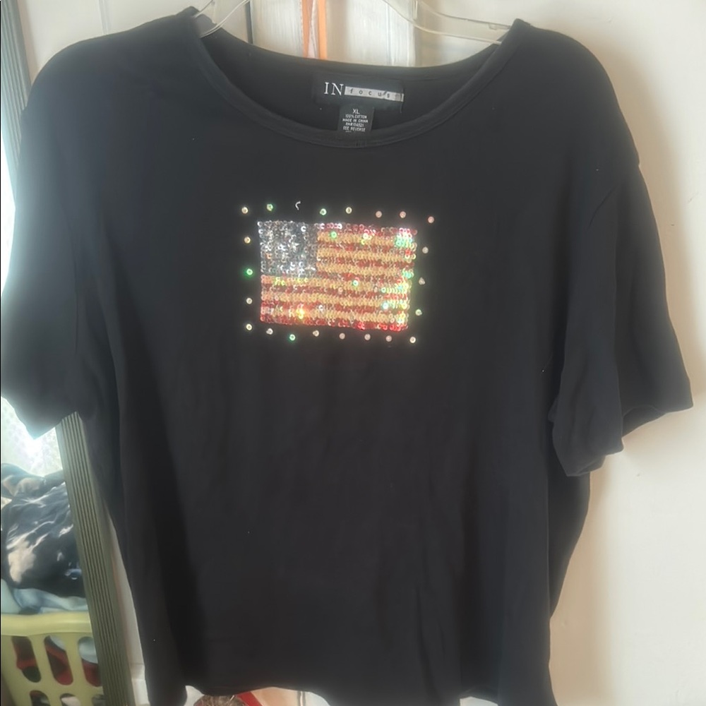 I.N. Studio Black Sequin Flag Tee - Short Sleeve